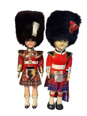 Scottish Guard Dolls Lot of 2 Fur Hat Tartan Kilt & Embellished Jacket 8.5"